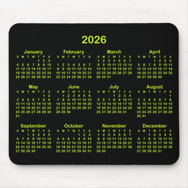 Black and Electric Lime 2026 Calendar Mouse Pad (Front)