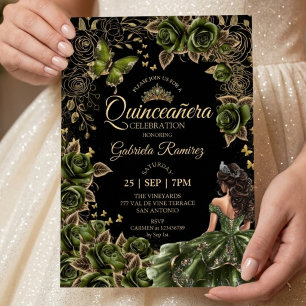 Black and Emerald Green Quinceañera Golden Tiara Invitation
