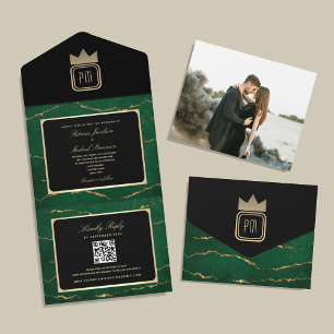 Black and Emerald Green Wedding All In One Invitation