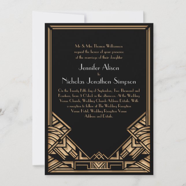Black and Faux Gold Art Deco Gatsby Style Wedding Invitation (Front)