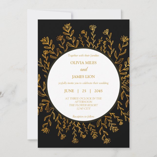 Black and Faux Gold Botanical Wedding Invitation (Front)