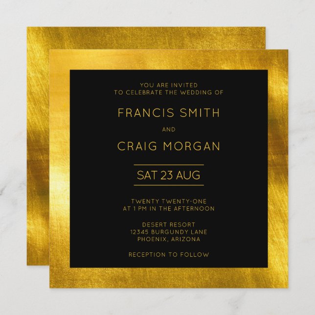 Black and Faux Gold Foil Modern Wedding Invitation (Front/Back)