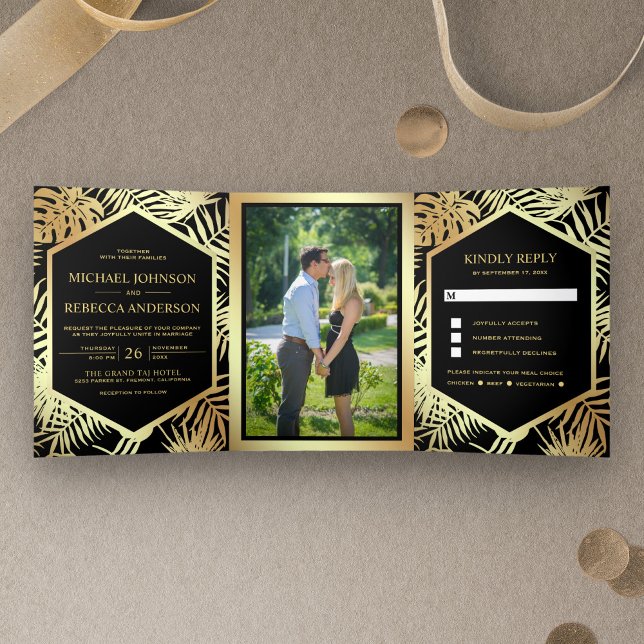 Black and Faux Gold Foil Tropical Palm Wedding Tri-Fold Invitation (Creator Uploaded)