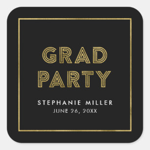 Black and Faux Gold Geometric Grad Party Square Sticker