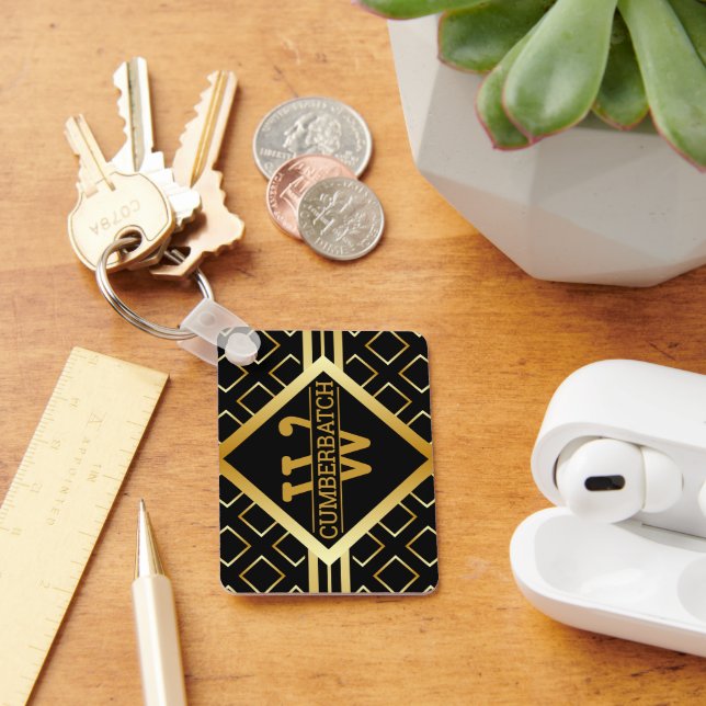 BLACK and FAUX Gold Geometric MONOGRAM Pattern Key Ring (Desk)