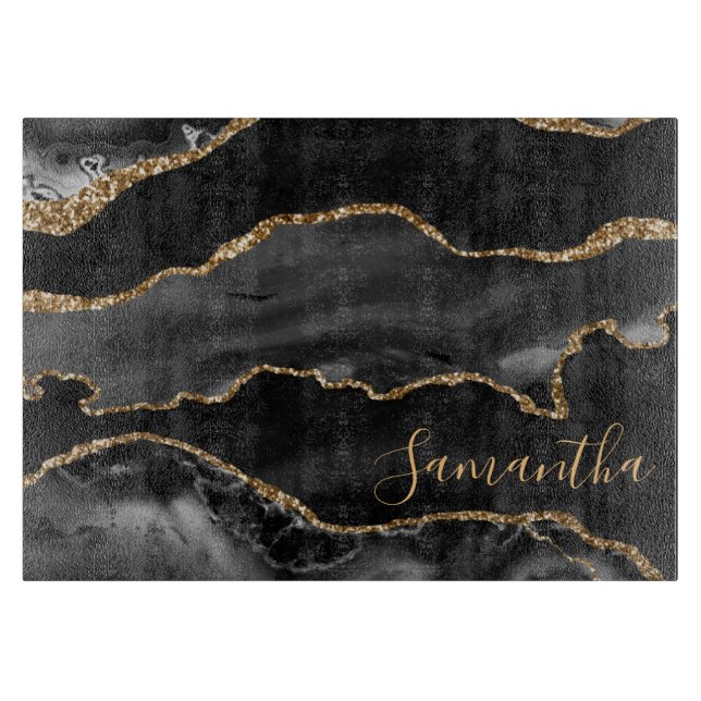 Black and Faux Gold Glitter Marble Agate Cutting Board (Front)