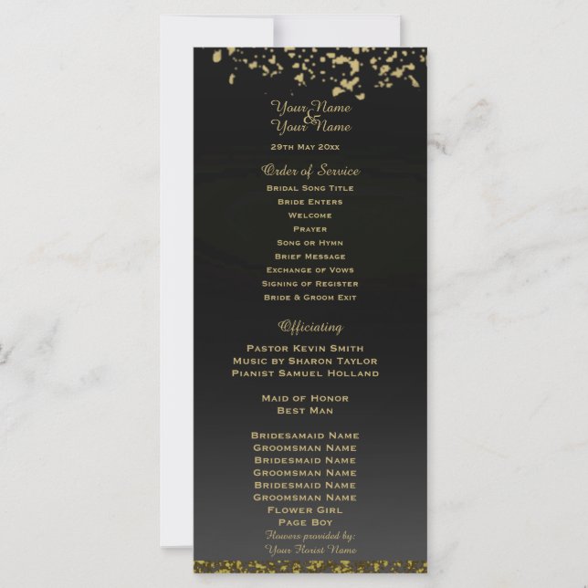 Black and Faux Gold Glitter Wedding Program (Front)