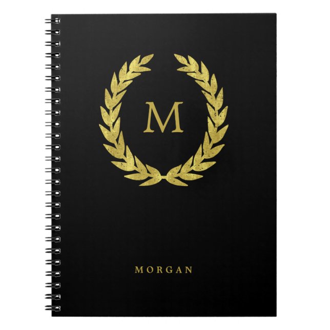 Black and Faux Gold Laurel Wreath with Initial Spiral Notebook (Front)