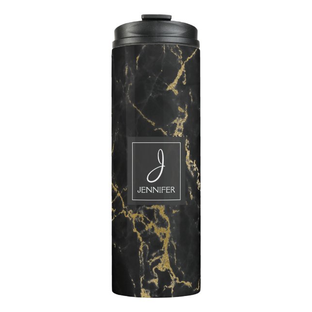 Black and Faux Gold Marble Elegant Monogram Thermal Tumbler (Front)