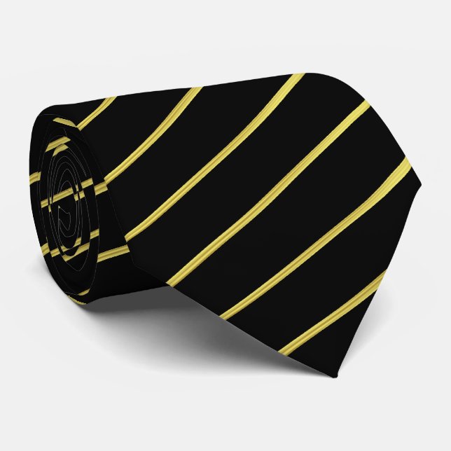 Black and Faux Gold Striped Tie | Diagonal Stripes (Rolled)