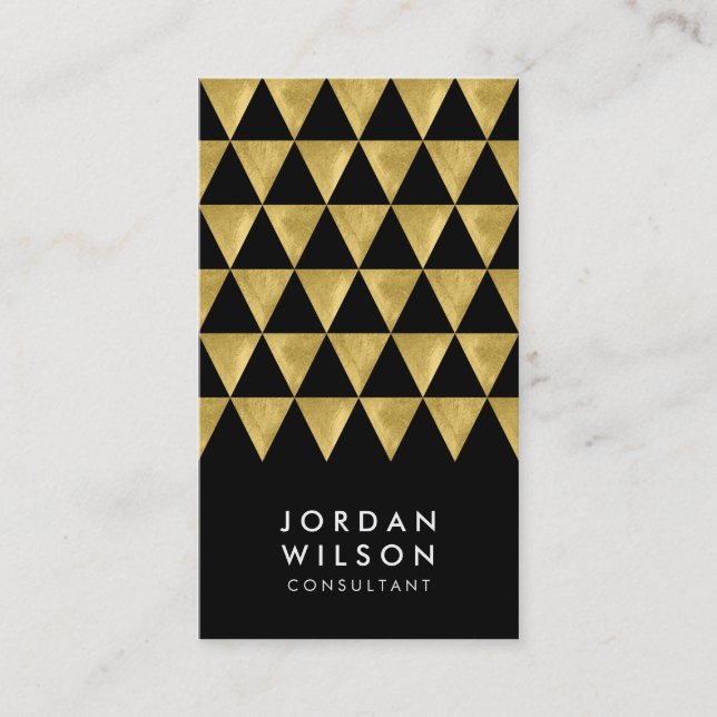 Black and Faux Gold Triangle Modern Vertical Business Card (Front)