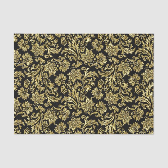 Black And Faux Metallic Gold Floral Damasks Tissue Paper (Front)