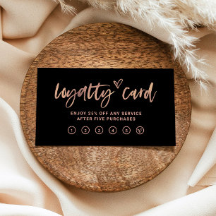 Black and Faux Rose Gold Casual Script and Heart Loyalty Card
