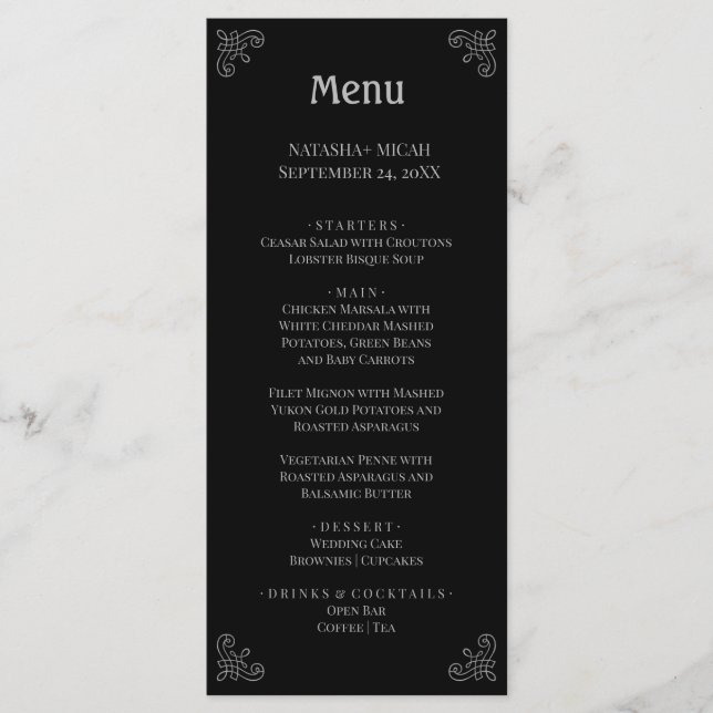 Black and Faux Silver Simple Elegant Menu (Front)