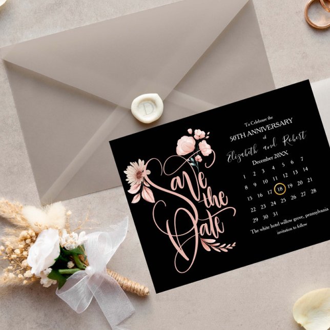 black and Floral 50th Anniversary Save The Date Announcement Postcard (Creator Uploaded)
