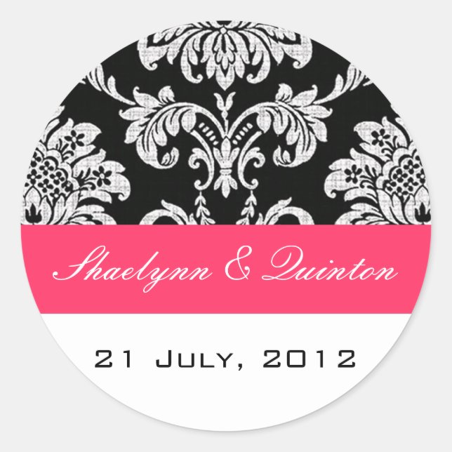 Black and Fuchsia Damask Wedding Sticker (Front)