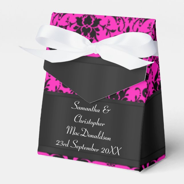 Black and fuchsia pink damask wedding favour box (Front Side)