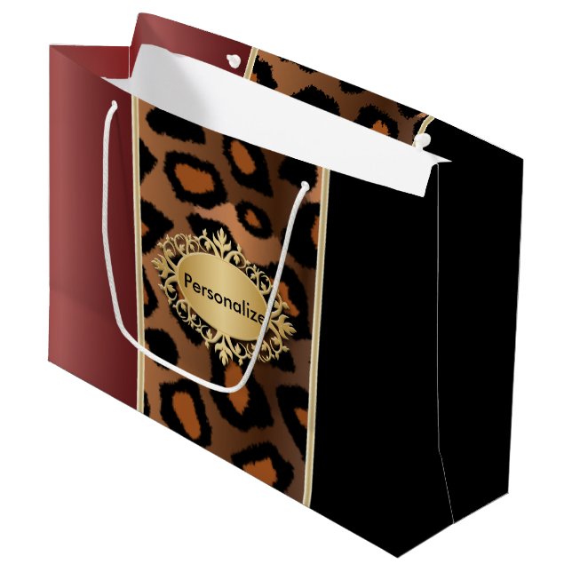 Black and Garnet Leopard Pattern Large Gift Bag (Front Angled)