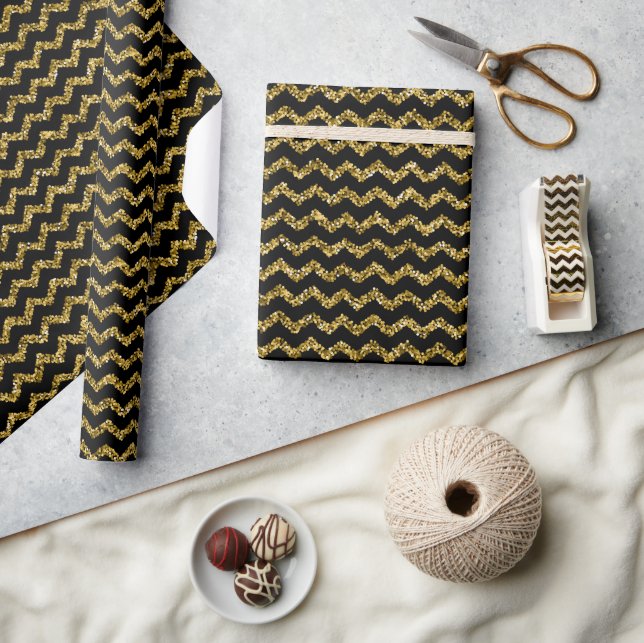 Black And Glitter Gold Zigzag Pattern Wrapping Paper (Crafts)