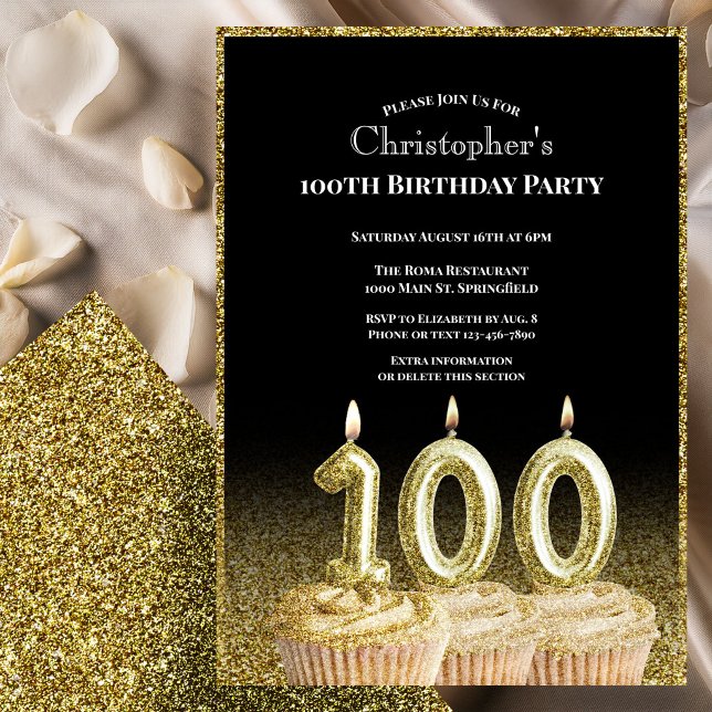 Black and Gold 100th Birthday Invitation For Him (Creator Uploaded)
