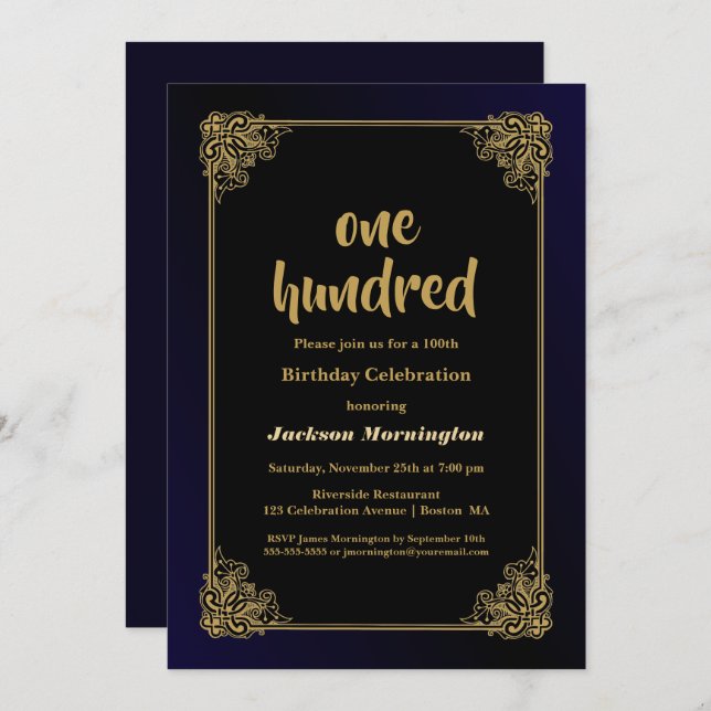 Black and Gold 100th Birthday Party Invitation (Front/Back)