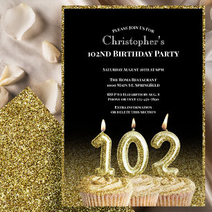 Black and Gold 102nd Birthday Invitation For Him
