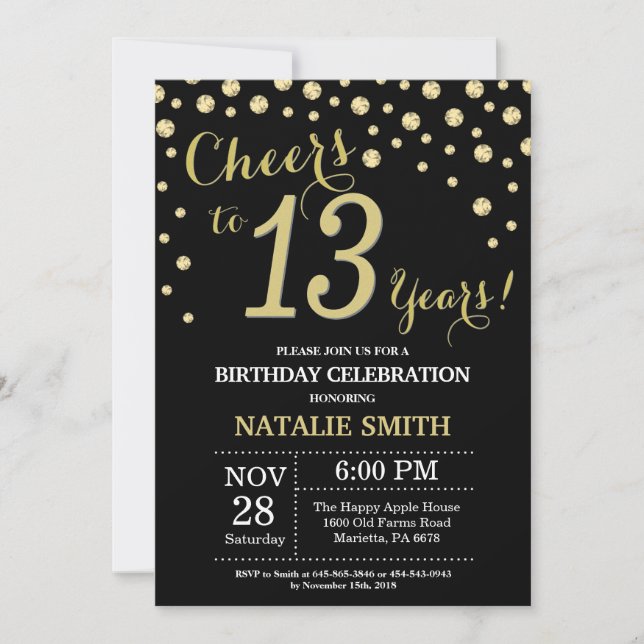 Black and Gold 13th Birthday Diamond Invitation (Front)