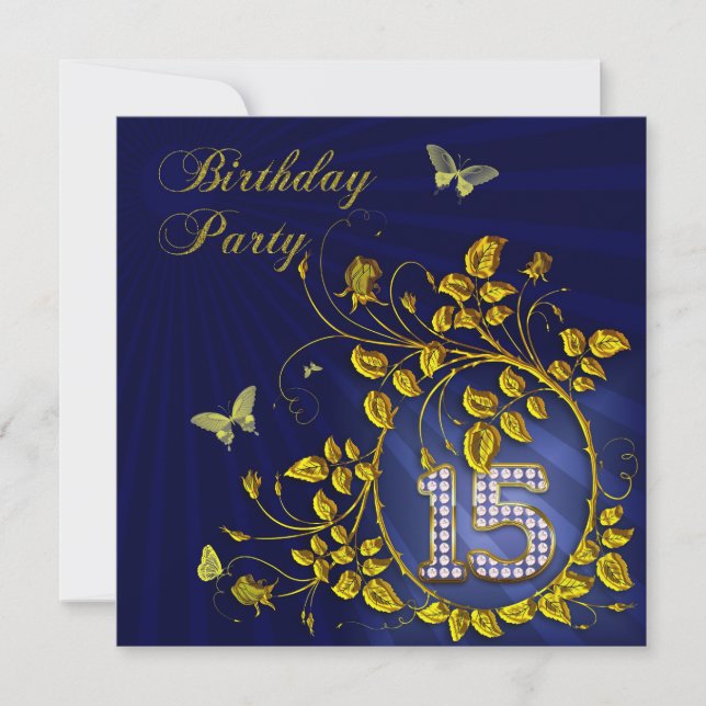 Black and Gold 15th Birthday party Invitation (Front)