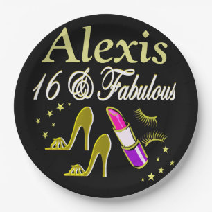 BLACK AND GOLD 16TH BIRTHDAY PERSONALIZED PLATES