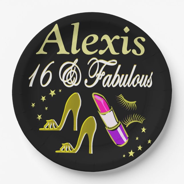 BLACK AND GOLD 16TH BIRTHDAY PERSONALIZED PLATES (Front)