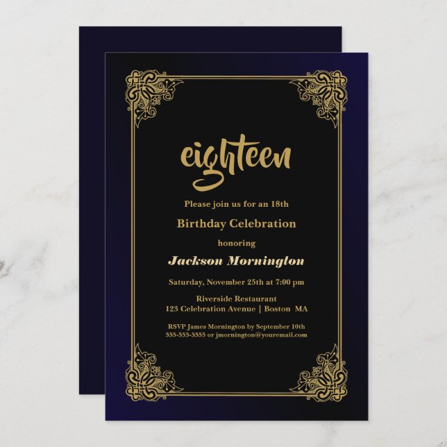 Black and Gold 18th Birthday Party Invitation (Front/Back)