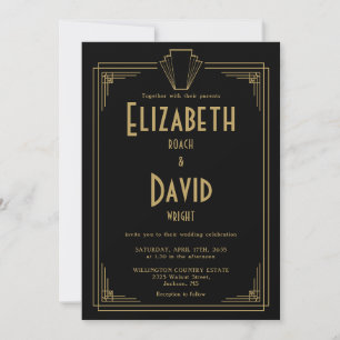 Black And Gold 1920s Art Deco Monogram Wedding Invitation