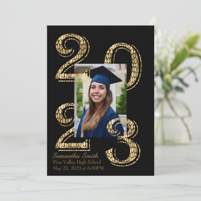 Black and Gold 2023 Photo Graduation Invitation (Standing Front)