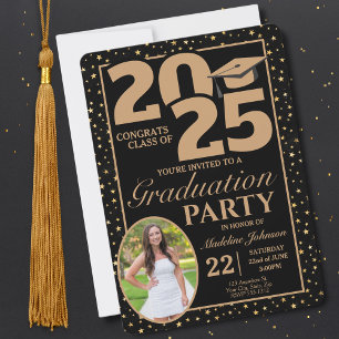 Black and Gold 2025 Photo Graduation Invitation