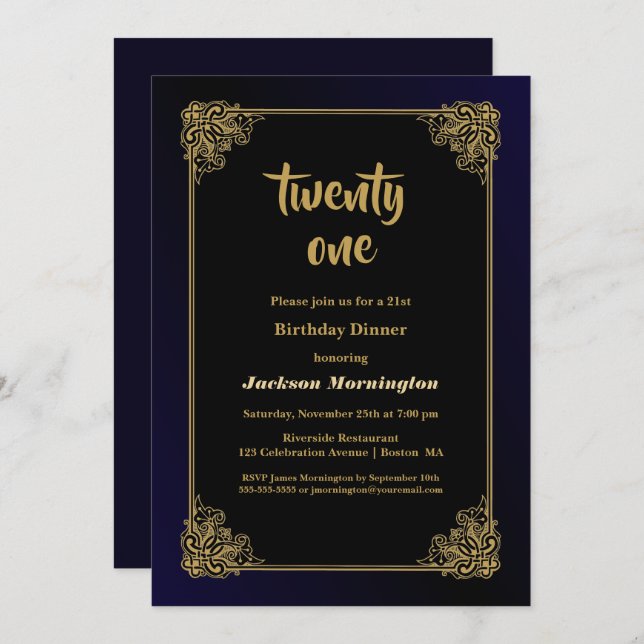 Black and Gold 21st Birthday Dinner Invitation (Front/Back)