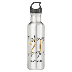 Black and gold 21st birthday modern script stylish 710 ml water bottle