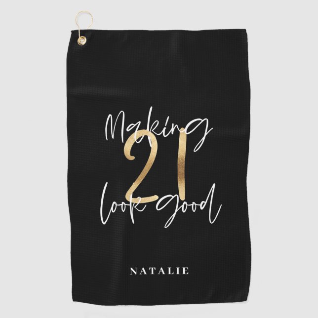 Black and gold 21st birthday modern script stylish golf towel (Front)