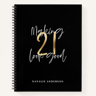 Black and gold 21st birthday modern script stylish notebook