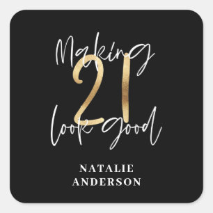 Black and gold 21st birthday modern script stylish square sticker