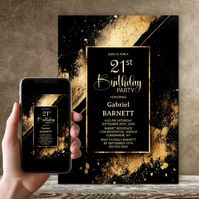 Black and Gold 21st Birthday Party Invitation (Creator Uploaded)