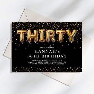 Black and Gold 30th Birthday Balloons Invitation