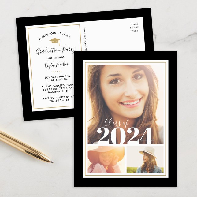 Black and Gold 3 Photo Graduation Party Invitation (Creator Uploaded)