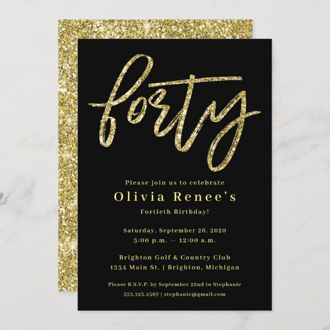 Black and Gold 40th Birthday Invitation Template (Front/Back)