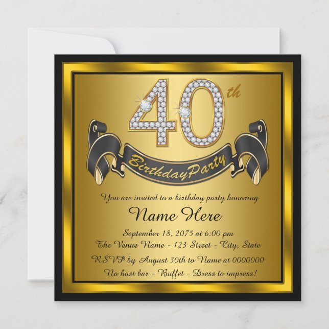 Black and Gold 40th Birthday Party Invitation (Front)