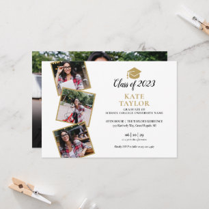 Black And Gold 4 Photo Collage Graduation Party Invitation