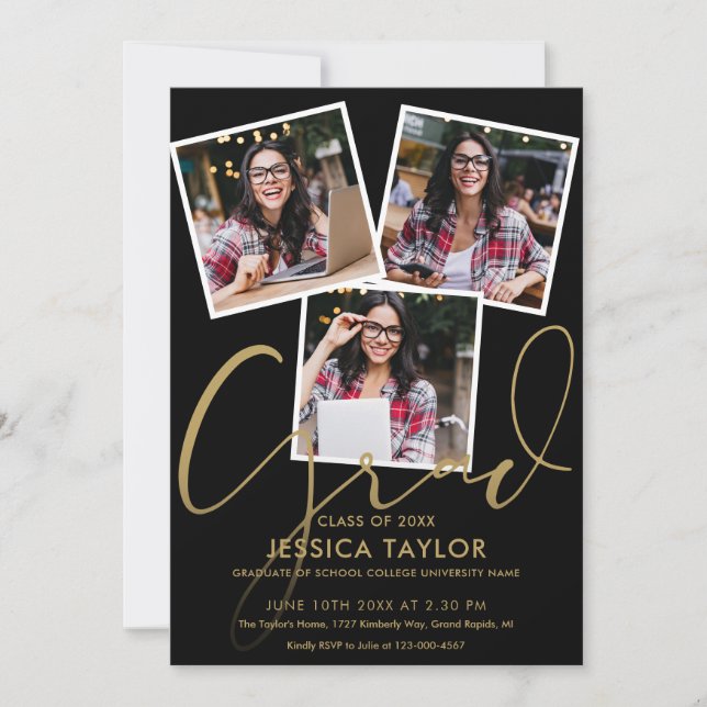 Black And Gold 4 Photo Collage Graduation Party Invitation (Front)