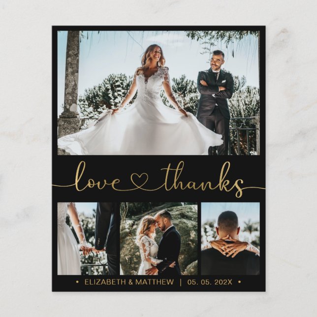 Black and Gold 4 Photo Collage Wedding Thank You Flyer (Front)