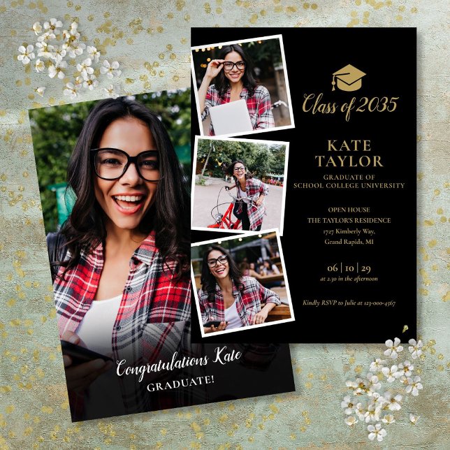 Black And Gold 4 Photo Graduation Party Invitation (Black And Gold 4 Photo Graduation Party Invitation)