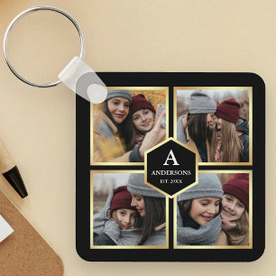 Black and Gold 4 Pictures Family Photo Collage Key Ring