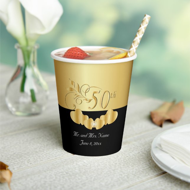 Black and Gold 50th Anniversary / Birthday Paper Cups (Insitu)